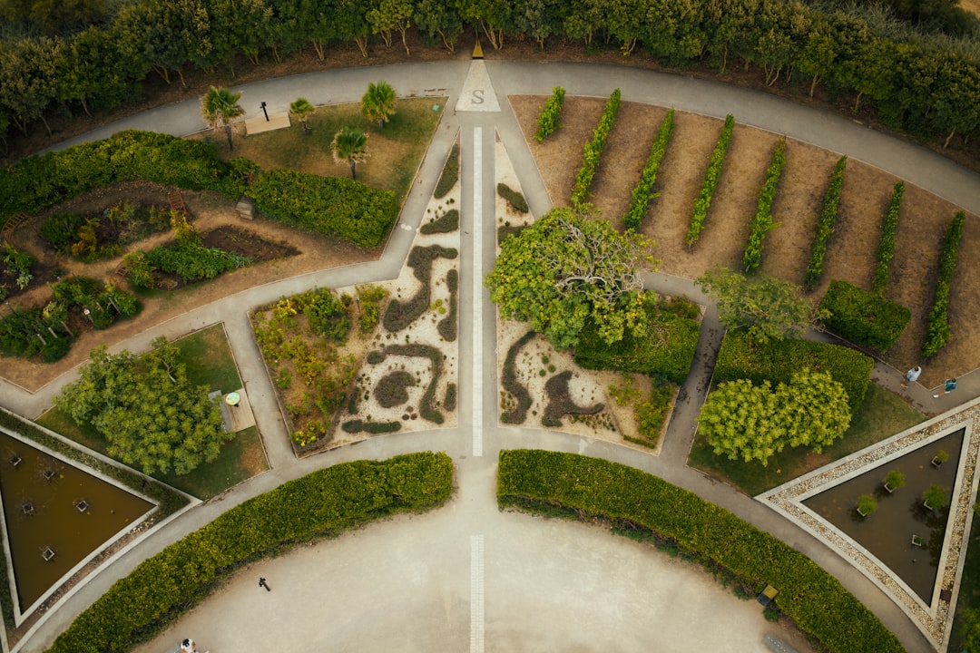Aerial view of a star-shaped garden with manicured hedges.